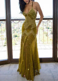 Green beaded sexy mermaid spaghetti straps long lace ball gown evening dress HZ1023