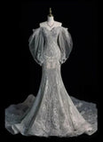 White solid gorgeous fashion elegant floral beaded applique delicate lace A-line long tulle floor length long tail evening gown ball gown wedding dress HZ1023