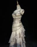 Green/champagne Vintage Elegant Long Lace Ruffle prom dress Evening Dress HZ1023