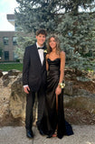 Black Fashion Elegant Spaghetti Straps Long Satin Sexy Slit Prom Dress Evening Dress Party Dress HZ1023