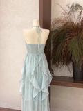 Blue halter back fashionable and elegant chiffon flowing ruffled long skirt HZ1023