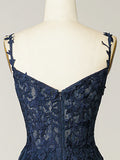 A Line Spaghetti Straps Navy Prom Dress with Appliques HZ1023