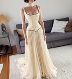 Ivory White Retro Elegant Square Round Neck Greek Goddess Long Tulle Floor-Length Train Ball Gown Evening Dress Party Dress HZ1023