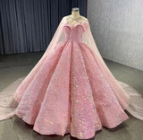 Pink Gorgeous Shiny Tulle Rhinestone Cape Cape Long Sequined Ball Gown Evening Dress Coming of Age Dress HZ1023