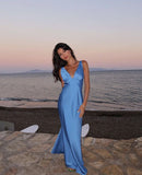 Blue simple elegant V-neck long satin ball gown evening dress HZ1023