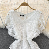 V-neck waistband shows thin, flying sleeve A-line lace dress HZ1023