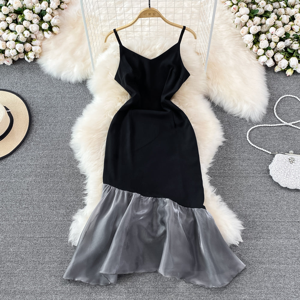 High sense V-neck suspender skirt with waist closed and thin fishtail buttock wrapped dress HZ1023