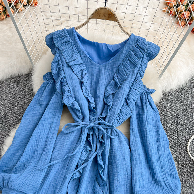Blue V Neck Long Sleeve Dress Fashion Dress HZ1023
