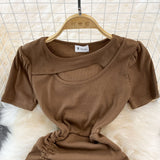 Spice Girl round neck chest hollowed out elastic tight drawstring short Hip Wrap Dress HZ1023