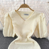 V-neck slim jacquard short A-line dress short sleeve HZ1023