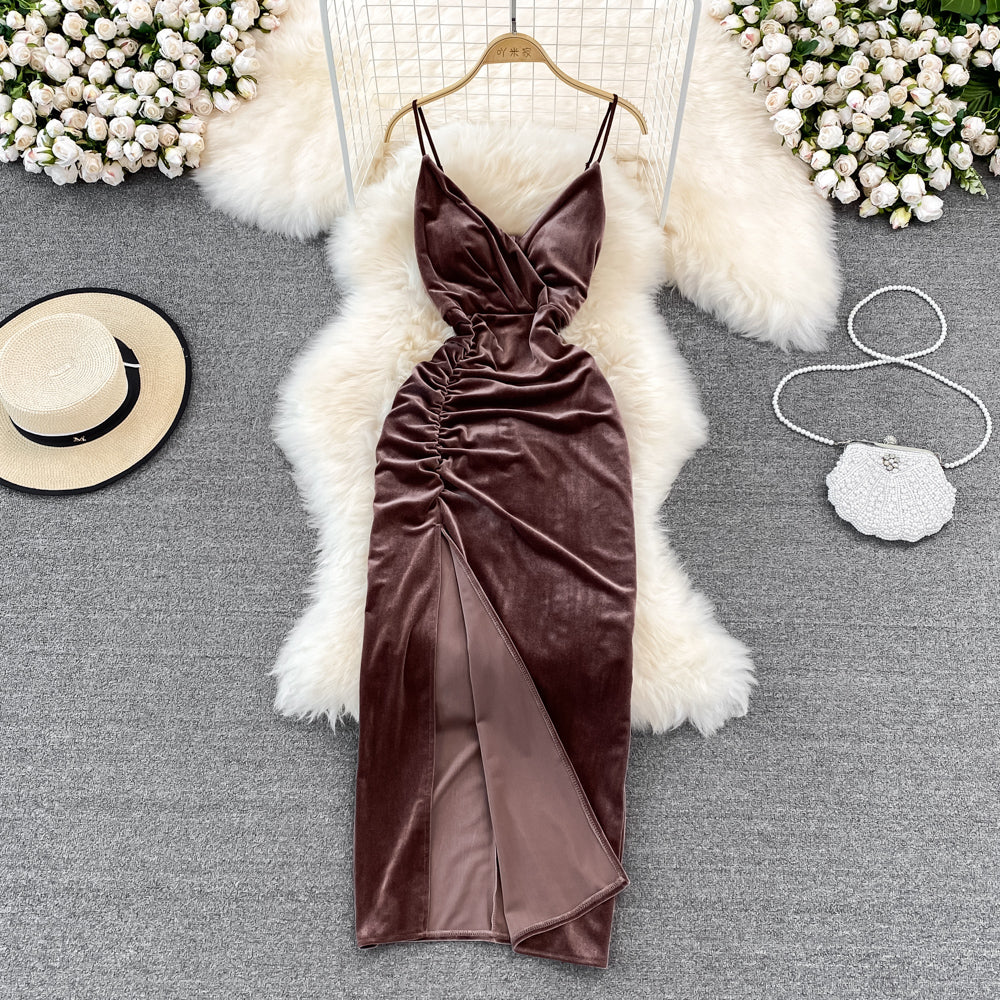 Slim open back split gold velvet dress suspender dress HZ1023