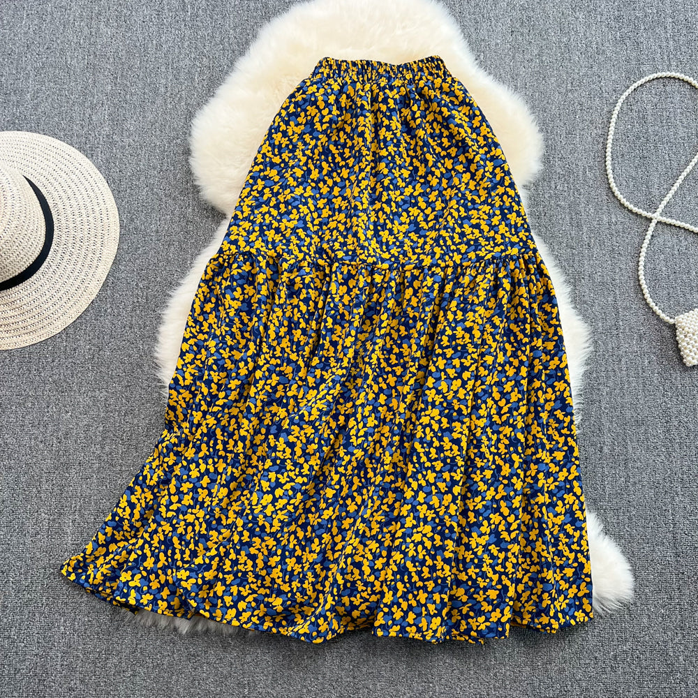 Vintage elastic waist stitched broken flower big swing Chiffon HZ1023
