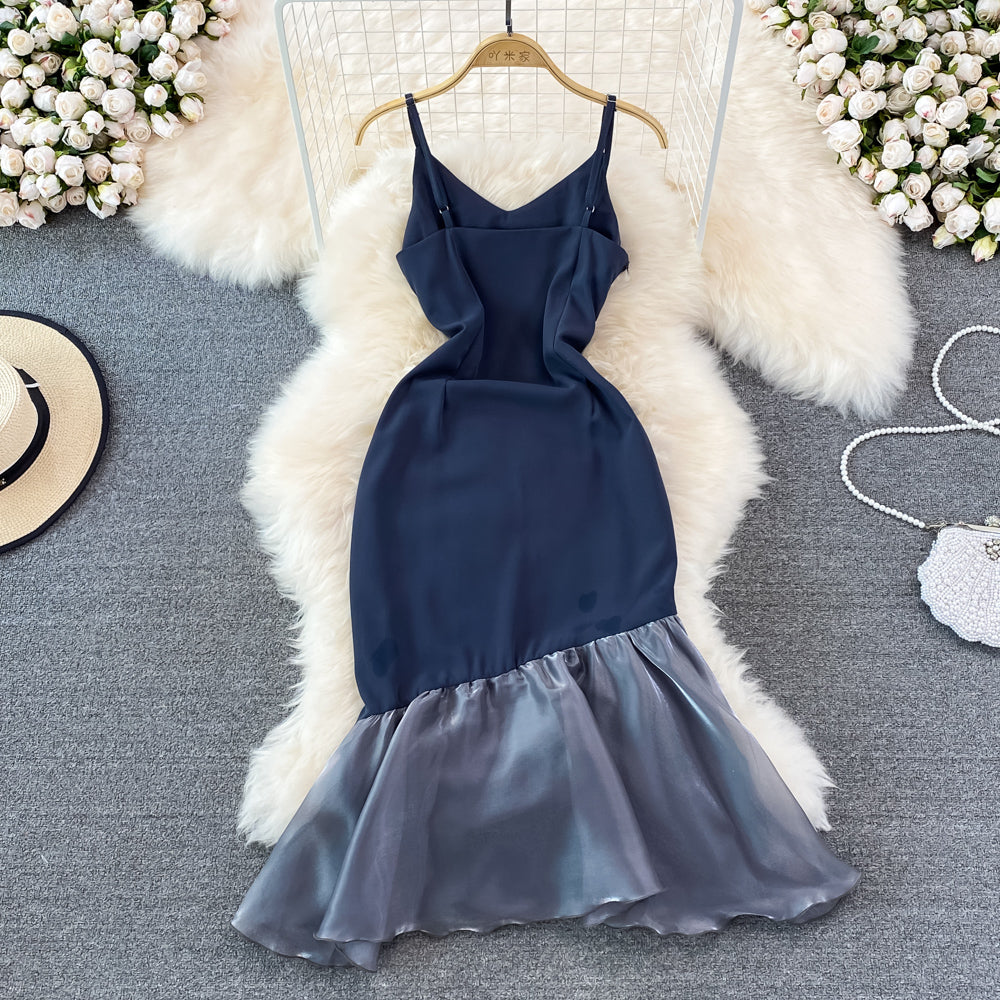 High sense V-neck suspender skirt with waist closed and thin fishtail buttock wrapped dress HZ1023
