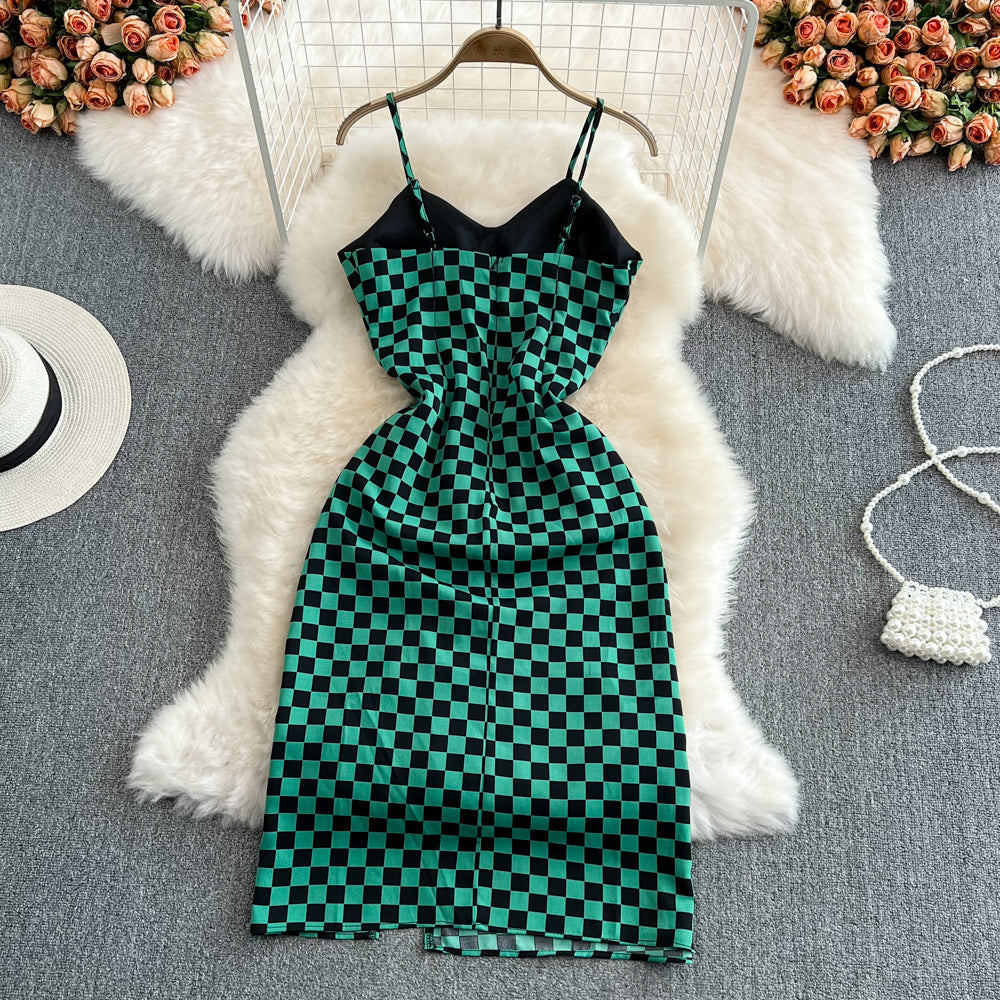 Fashion sleeveless backless split V-neck checkerboard dress HZ1023