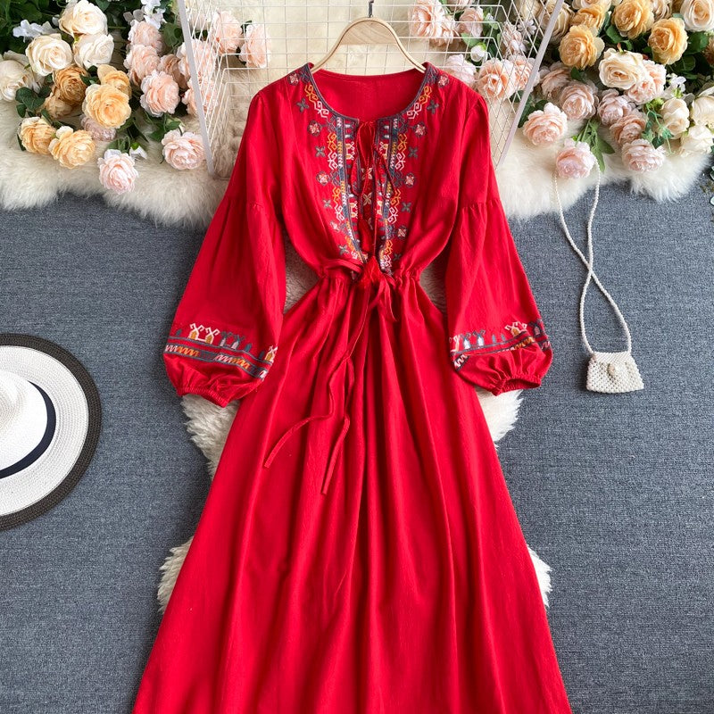Simple Embroidered Long Sleeve Dress HZ1023