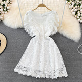 V-neck waistband shows thin, flying sleeve A-line lace dress HZ1023