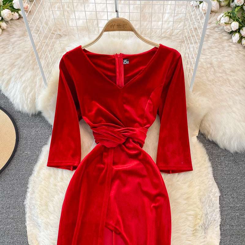 Stylish V Neck Velvet Long Dress Fahsion Dress HZ1023