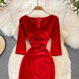 Stylish V Neck Velvet Long Dress Fahsion Dress HZ1023