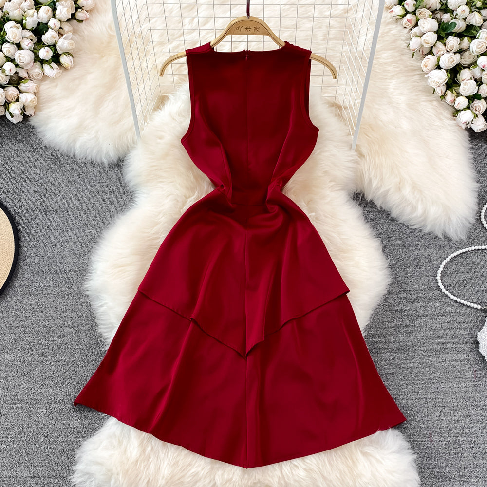 V-neck high waist slim Ruffle sleeveless A-line dress HZ1023