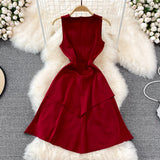 V-neck high waist slim Ruffle sleeveless A-line dress HZ1023