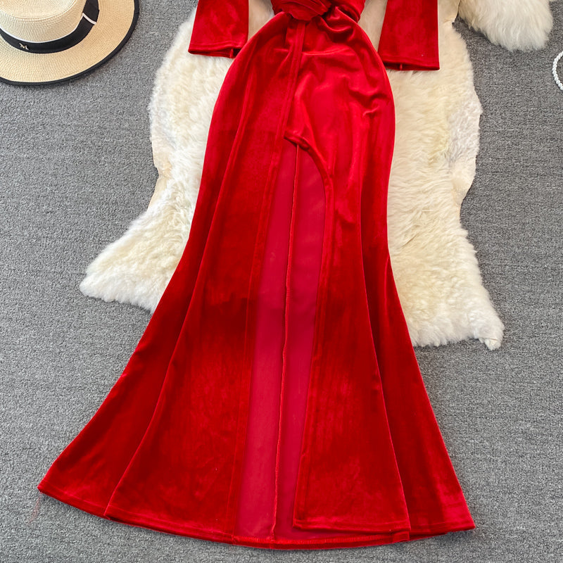 Stylish V Neck Velvet Long Dress Fahsion Dress HZ1023