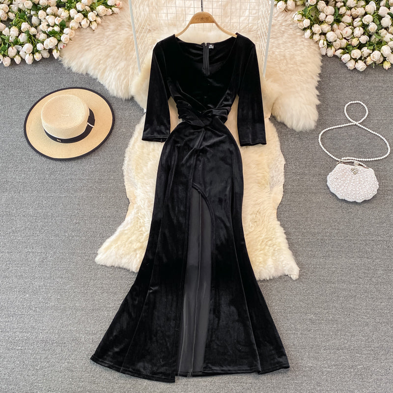 Stylish V Neck Velvet Long Dress Fahsion Dress HZ1023