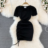 Spice Girl round neck chest hollowed out elastic tight drawstring short Hip Wrap Dress HZ1023
