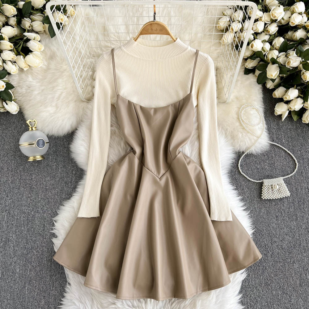 Fashionable Knitted Base Sweater + A Line PU Leather Dress Fashion Dress HZ1023