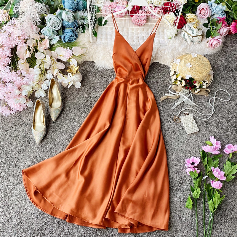 Elegant V Neck Satin A Line Dress Fashion Dress HZ1023