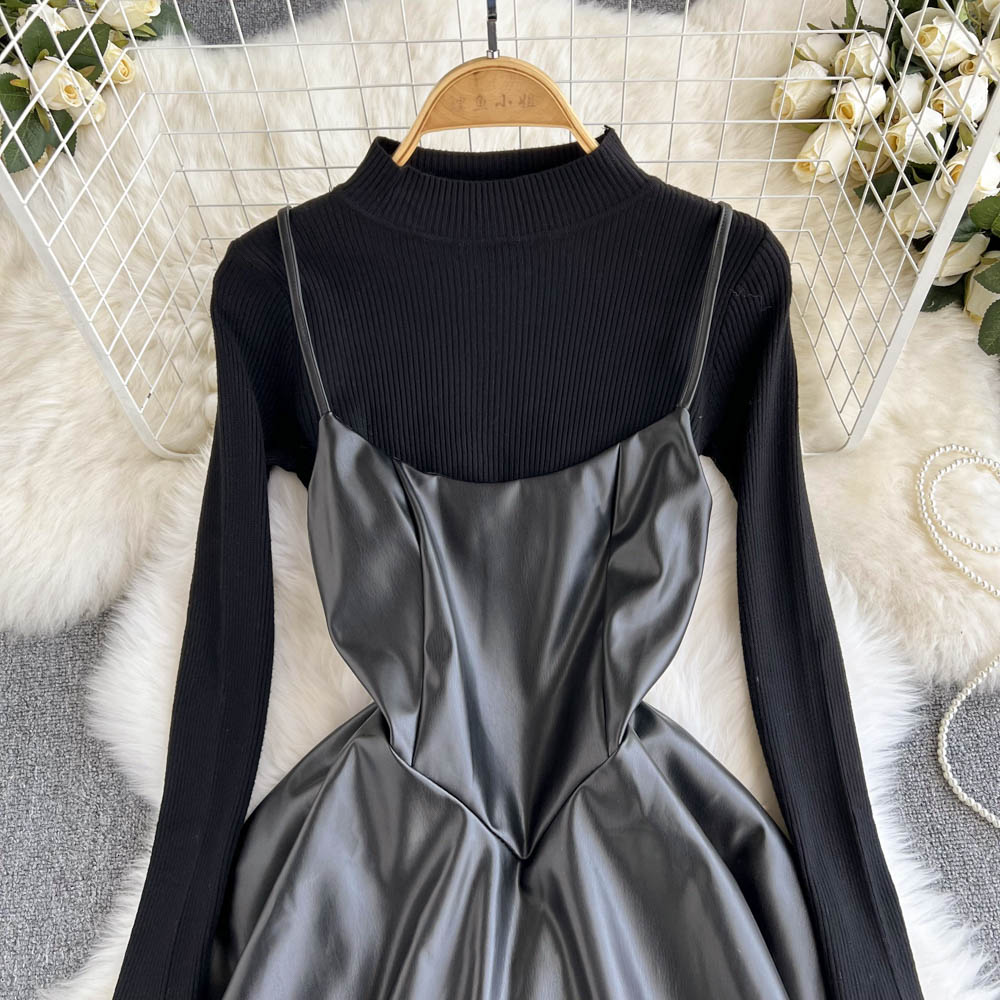 Fashionable Knitted Base Sweater + A Line PU Leather Dress Fashion Dress HZ1023