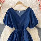 Simple V Neckline Denim Dress A Line Fashion Dress HZ1023