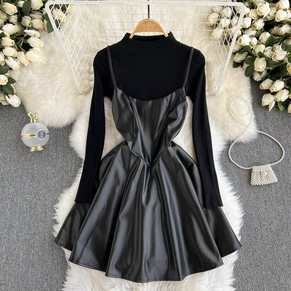 Fashionable Knitted Base Sweater + A Line PU Leather Dress Fashion Dress HZ1023
