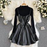 Fashionable Knitted Base Sweater + A Line PU Leather Dress Fashion Dress HZ1023