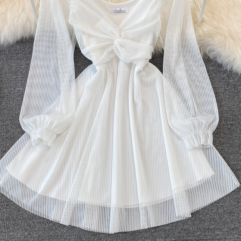 White V Neck Short Dress A Line Long Sleeve Dress HZ1023