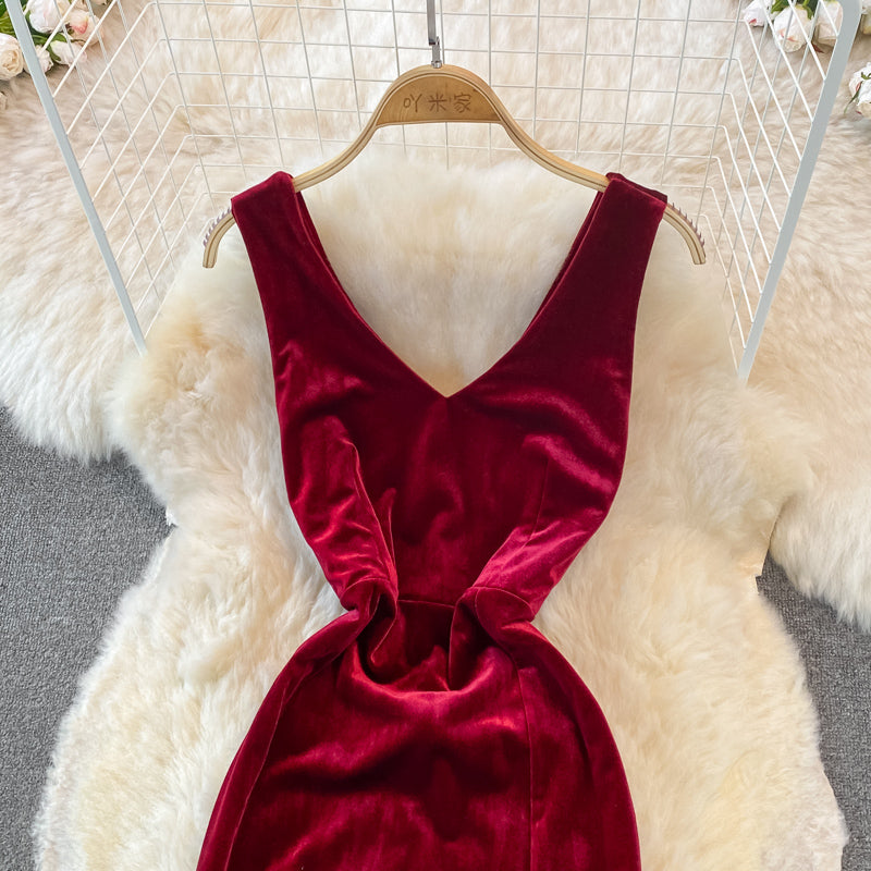Sexy V Neck Velvet Long Dress Fashion Dress HZ1023