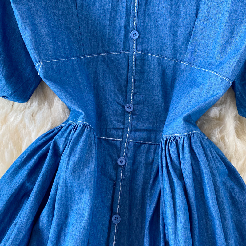 Simple V Neckline Denim Dress A Line Fashion Dress HZ1023