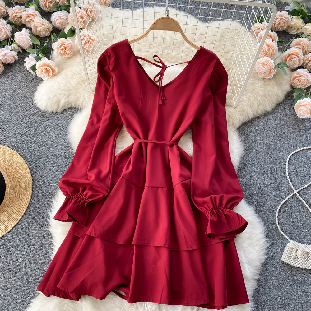 Simple V Neck Long Sleeve Dress Fashion Dress HZ1023