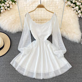 White V Neck Short Dress A Line Long Sleeve Dress HZ1023