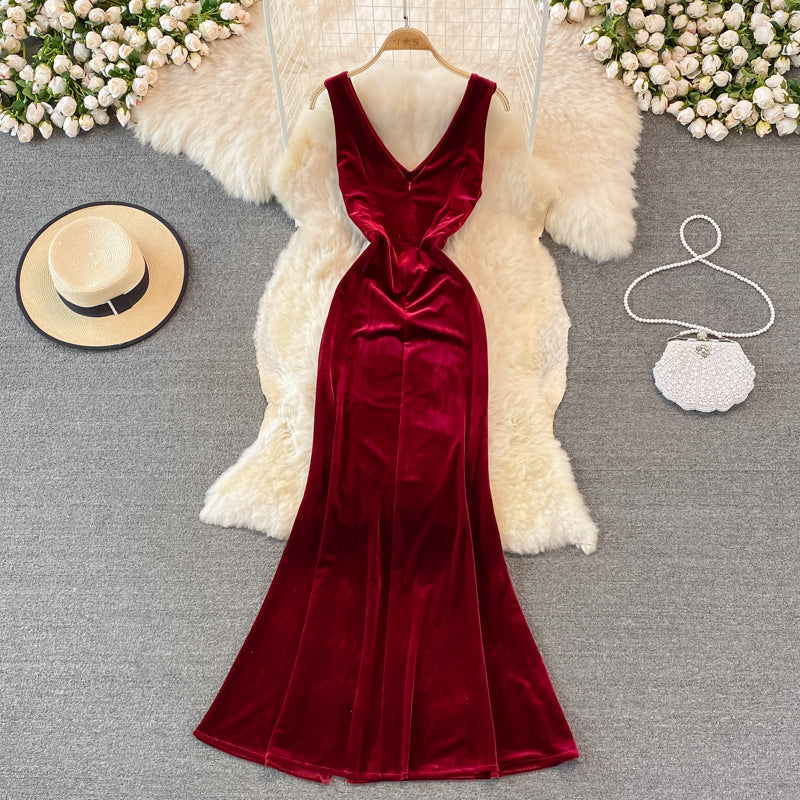 Sexy V Neck Velvet Long Dress Fashion Dress HZ1023