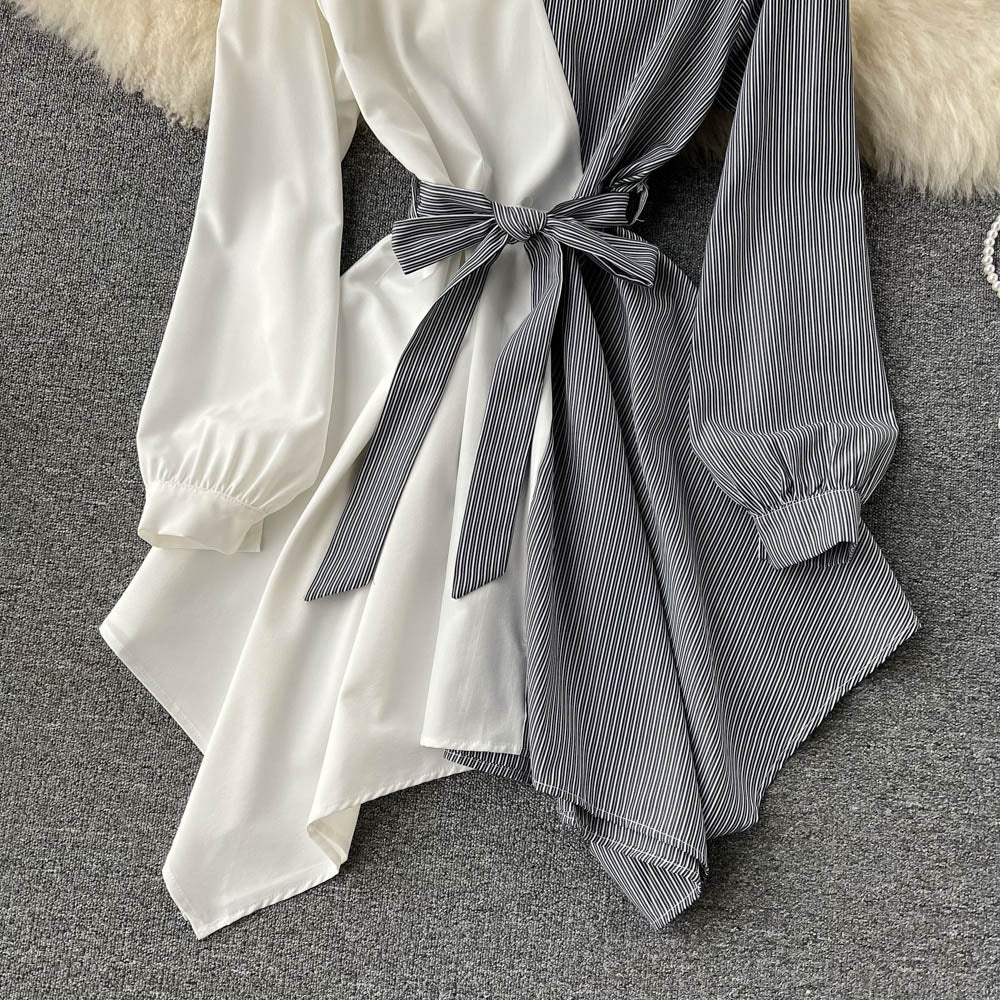 Fashionable Striped Long-Sleeved Irregular Dress HZ1023