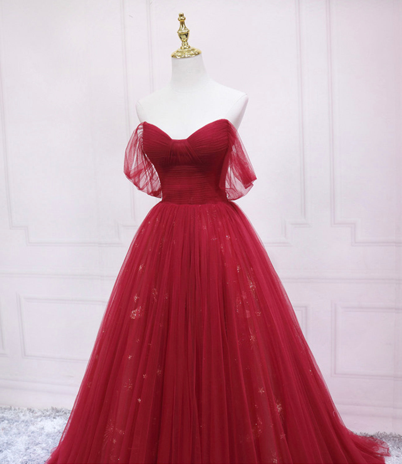 Red tulle sequins long prom dress A line evening dress HZ1023