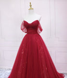 Red tulle sequins long prom dress A line evening dress HZ1023