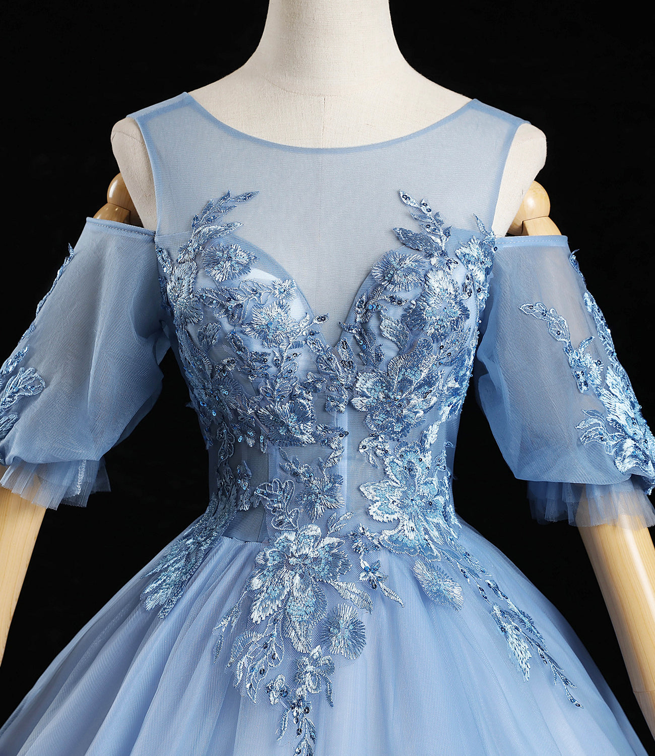 Blue tulle lace long prom dress A line evening dress HZ1023