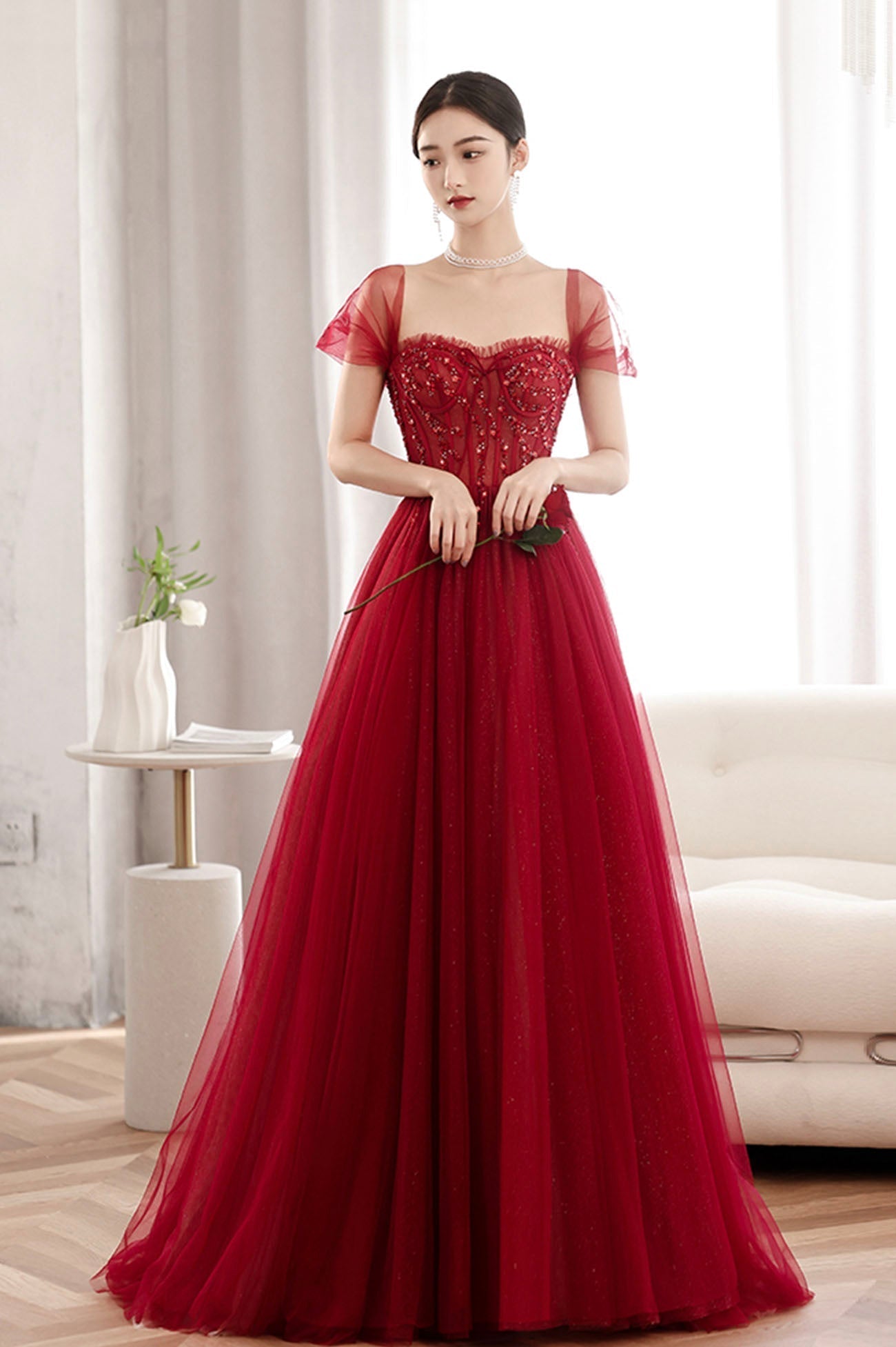 Burgundy tulle beads long prom dress evening dress HZ1023