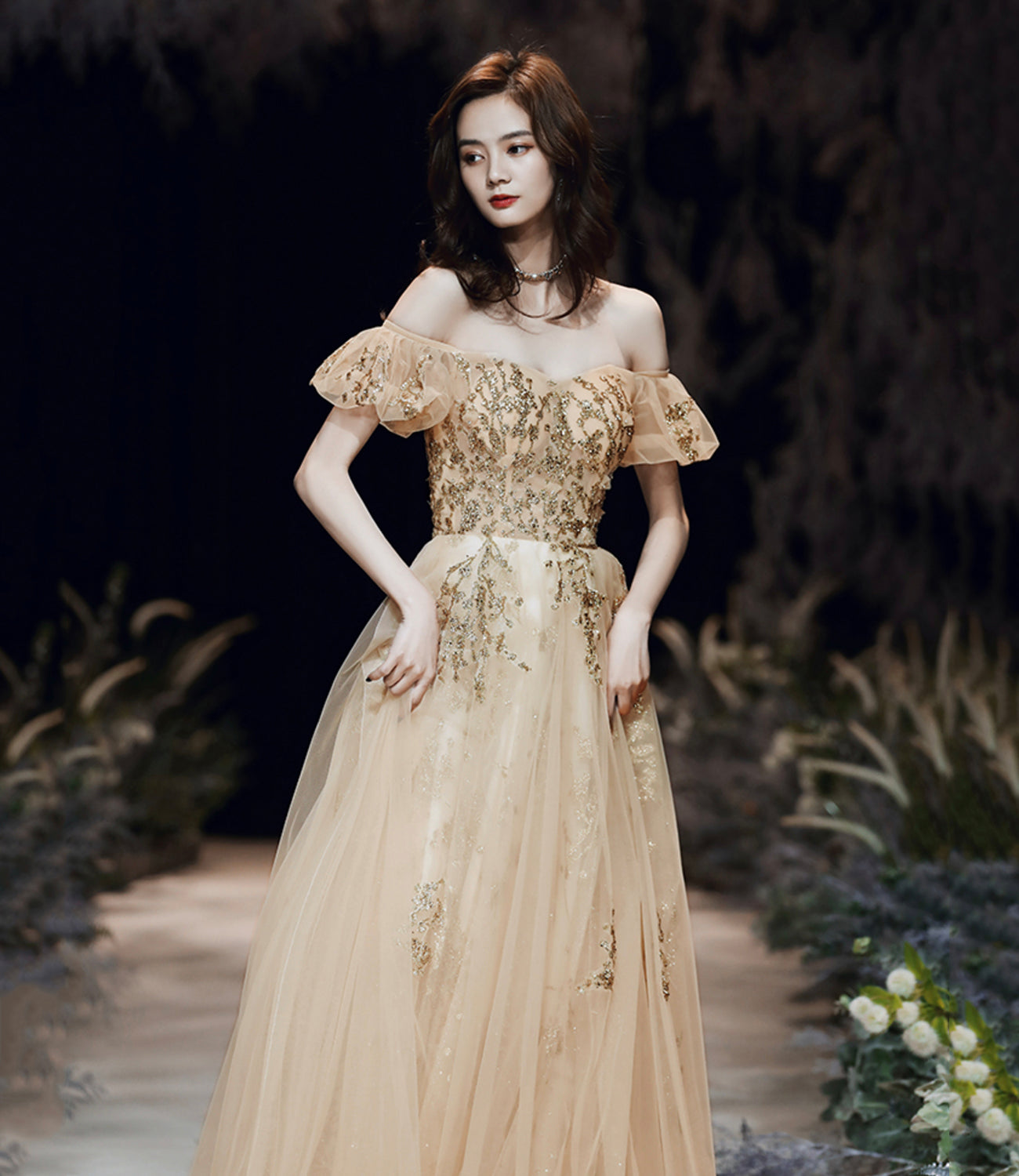 Gold sequins long prom dress A line evening dress HZ1023