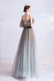 Gray green tulle sequins long prom dress evening dress HZ1023