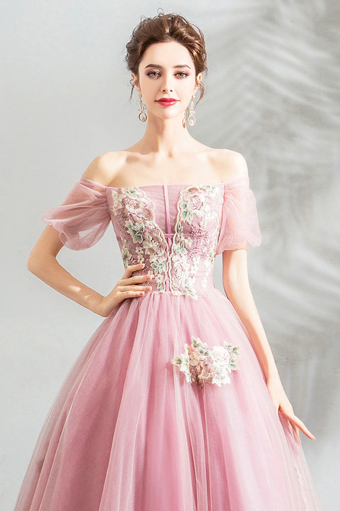 Pink tulle lace long prom dress evening dress HZ1023