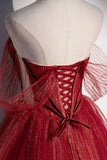 Burgundy tulle sequins long prom dress A line evening gown HZ1023