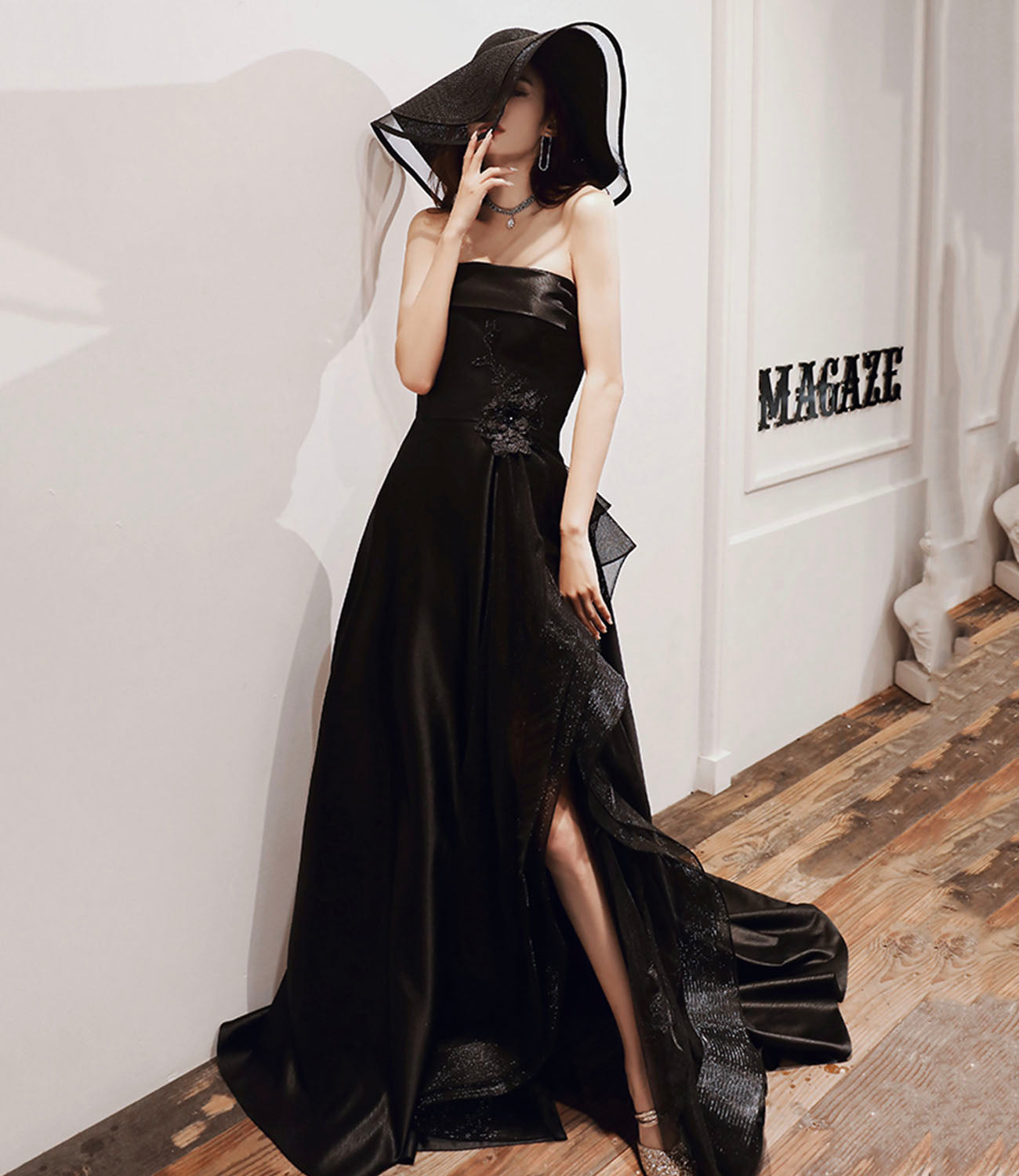 Black satin tulle high low prom dress evening dress HZ1023