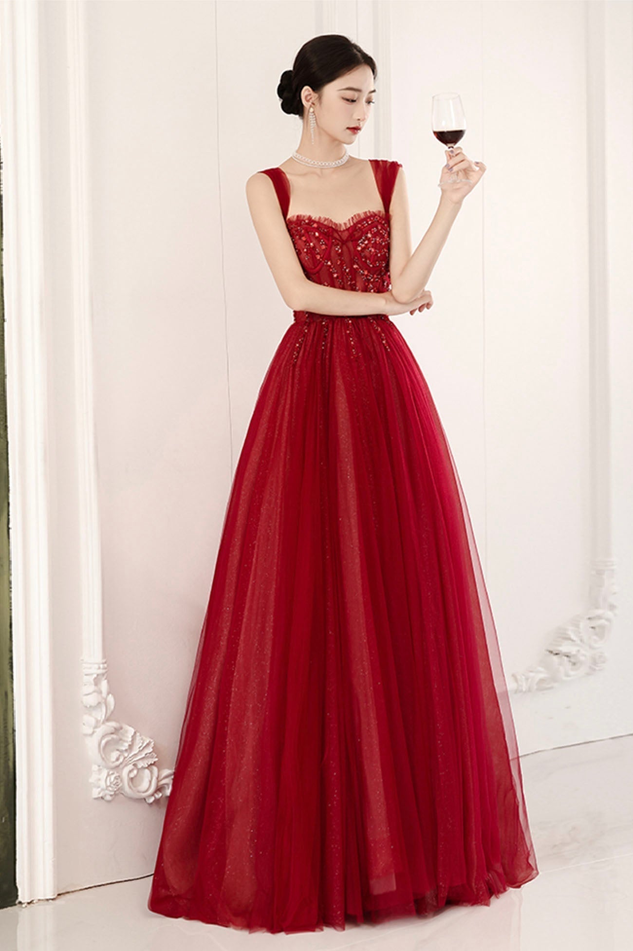 Burgundy tulle beads long prom dress evening dress HZ1023